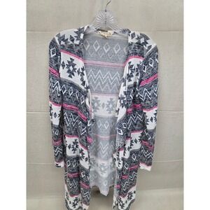 Its Our Time Womens Medium Pink Grey Southwestern Geometric Open Front Cardigan